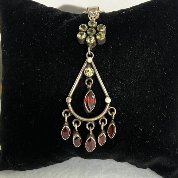 Sterling Silver 925 Red Garnet & Peridot Chandelier Pendant Necklace 20" Chain - Picture 8 of 16